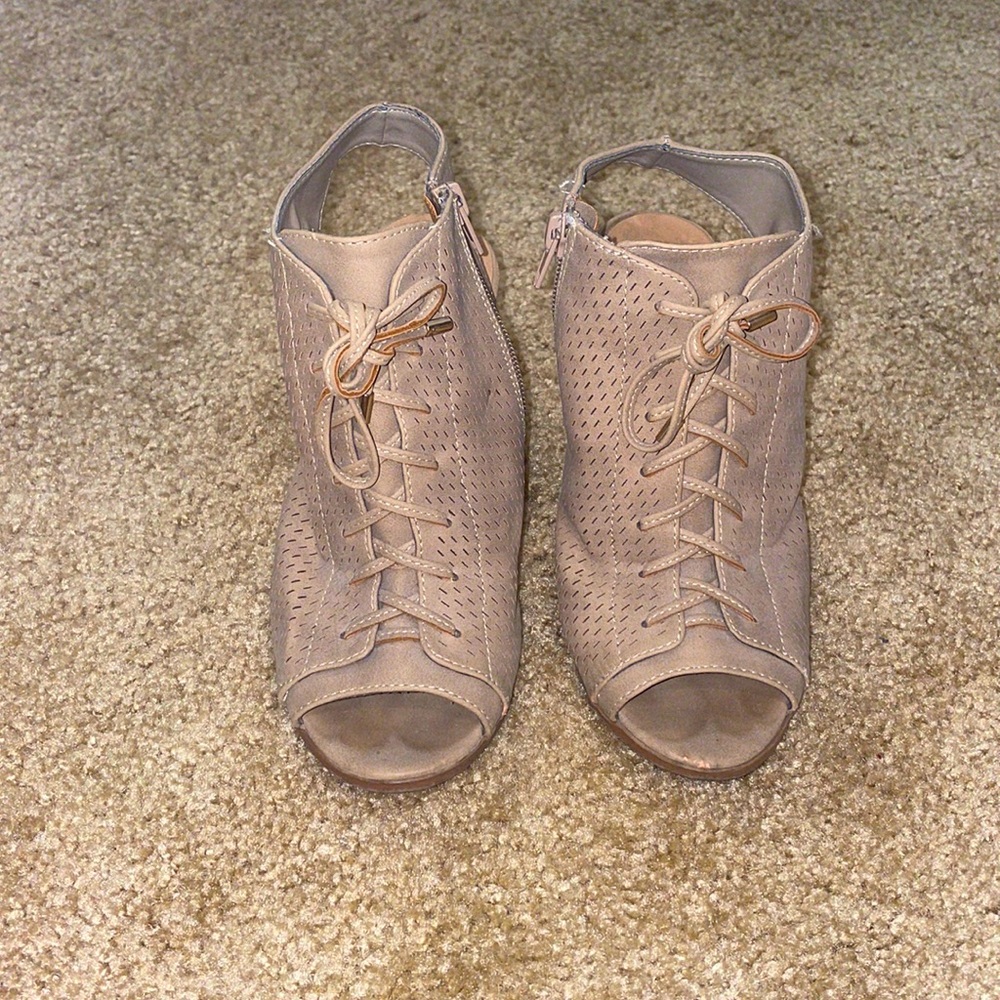 Brown open toe booties